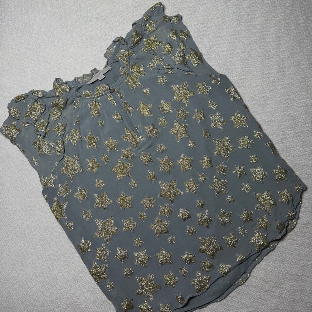 Loft Petites Blue Gold Metallic Star Ruffle Neck Blouse MP W122 604192